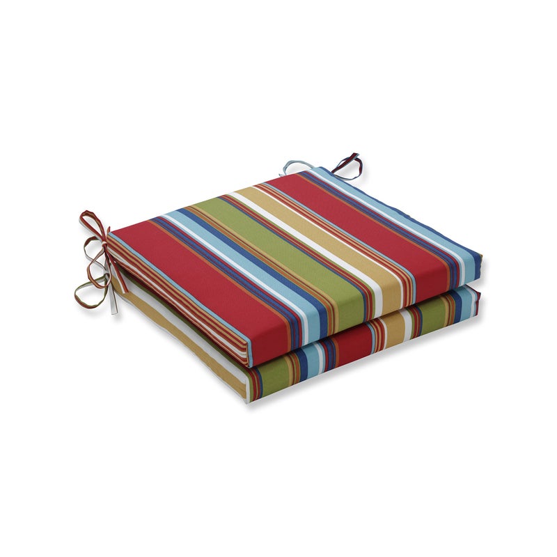 Pillow Perfect Stripe Indoor/Outdoor Square Corner Chair Seat Cushion with Ties, Plush Fiber Fill, Weather, and Fade Resistant, 20" x 20", Red/Blue Westport, 2 Count - Image 1